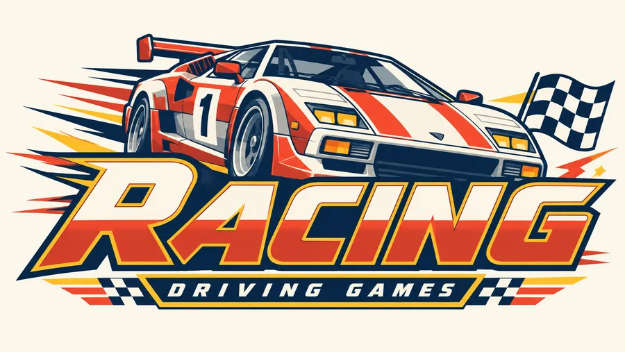 Image de test du comparatif : Affiche rétro : voiture de course blanche et rouge numéro 1, lettrage « Racing », drapeau à damier et traits de vitesse.